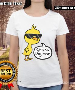 Cute yellow chicks on a ladies tee for Easter, featuring the phrase Nice Easter Chicks Dig Me for a festive look.