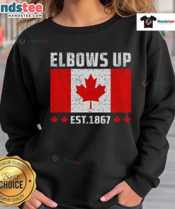 Nice Elbows Up Canada sweatshirt featuring 'True North Strong & Free' design, perfect for proud Canadians.