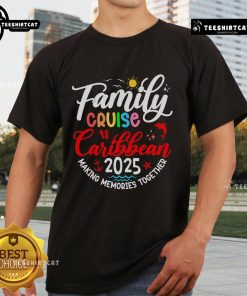 Family wearing matching 'Nice Family Cruise Caribbean 2025' T-shirts, enjoying a beautiful day on a tropical beach.