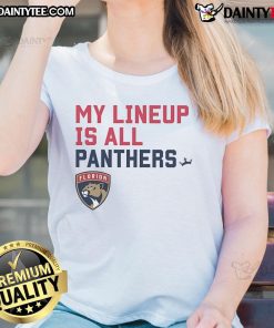 Alt Text: Nice Florida Panthers My Lineup Is All Logo Ladies Tee featuring team logo on a stylish women's shirt.