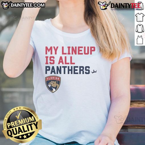 Alt Text: Nice Florida Panthers My Lineup Is All Logo Ladies Tee featuring team logo on a stylish women's shirt.