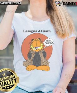 Nice Garfield Lasagna Al Gaib Ladies Tee featuring a fun graphic of Garfield enjoying lasagna, perfect for cat lovers.