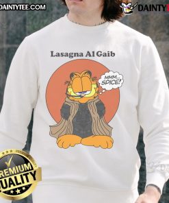 Cozy Nice Garfield Lasagna Al Gaib sweatshirt featuring a vibrant cartoon design, perfect for fans of the classic feline.