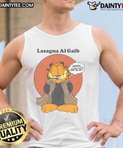 Nice Garfield Lasagna Al Gaib tank top featuring a colorful graphic of Garfield enjoying lasagna, perfect for fans.