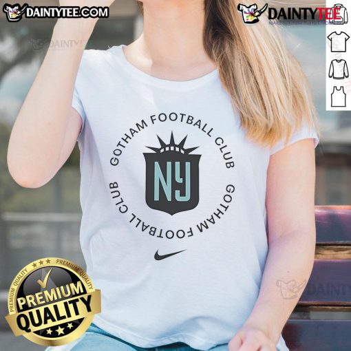 Gotham Football Club Sky Blue logo on a stylish ladies tee, perfect for fans and casual wear.