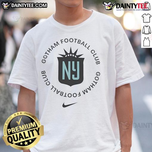 Alt Text: Sky blue logo T-shirt featuring Nice Gotham Football Club emblem, perfect for fans and casual wear.