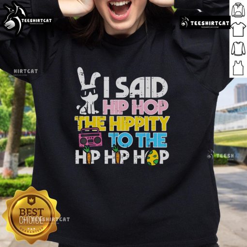 Alt Text: Stylish Nice Hip Hop Hippity Easter Bunny Sweatshirt featuring a colorful bunny design perfect for Easter celebrations.