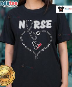 Alt Text: Nice Houston Texans Nurse 'It's A Work Of Heart' ladies tee showcasing team spirit and compassion for healthcare.