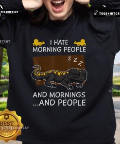 Alt Text: Cozy 'I Hate Morning People' sweatshirt featuring a sleeping salamander, perfect for reptile lovers and comfort seekers.