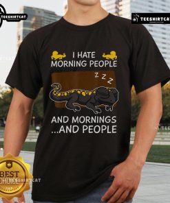 Funny 'Nice I Hate Morning People' salamander sleeping reptile T-shirt design for reptile lovers and humor enthusiasts.