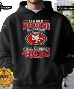 Person wearing a San Francisco 49ers hoodie, showing team spirit despite living in Wisconsin on game day.