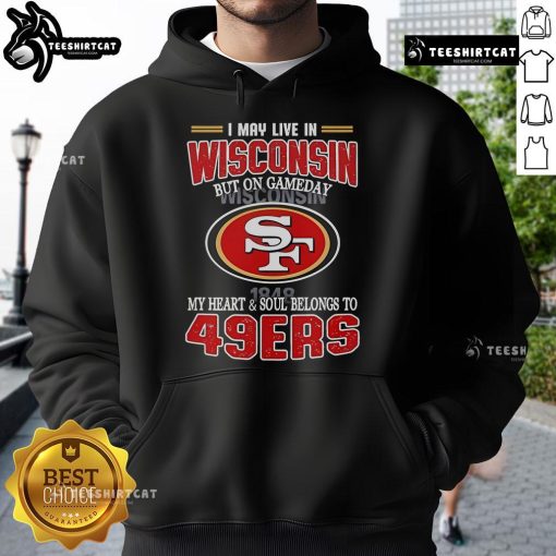Person wearing a San Francisco 49ers hoodie, showing team spirit despite living in Wisconsin on game day.