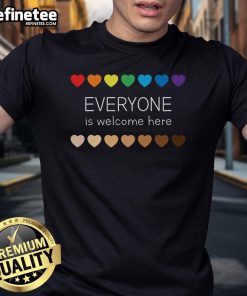 Nice Idaho Teacher Support Everyone Is Welcome Here Hearts T-Shirt showcasing a vibrant design promoting inclusivity and education.