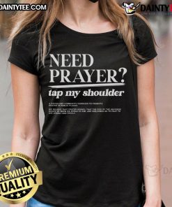 Men and women in prayer wearing 'Tap My Shoulder' ladies tee, showcasing faith and unity in a stylish design.
