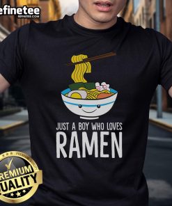 Alt Text: Cute 'Just A Boy Who Loves Ramen' T-shirt featuring a playful design, perfect for ramen lovers and casual wear.