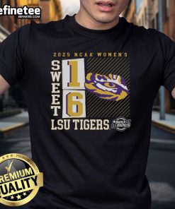 Alt Text: LSU Tigers 2025 NCAA Women's Basketball Tournament Sweet 16 No Look Pass T-Shirt in vibrant purple and gold design.