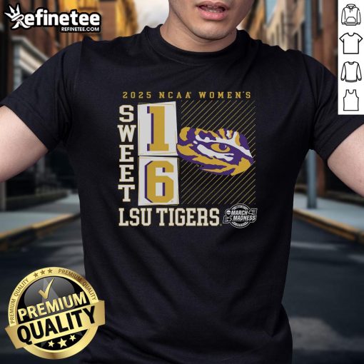 Alt Text: LSU Tigers 2025 NCAA Women's Basketball Tournament Sweet 16 No Look Pass T-Shirt in vibrant purple and gold design.