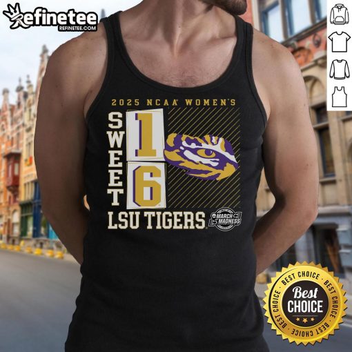 LSU Tigers 2025 NCAA Women's Basketball Tournament Sweet 16 tank top featuring a stylish No Look Pass design.