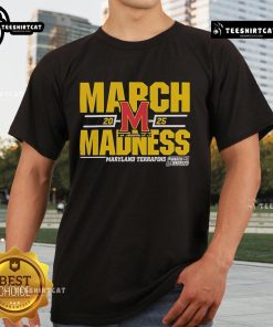 Nice Maryland Terrapins 2025 March Madness D1 Men's Basketball T-Shirt featuring team colors and logo, perfect for fans.