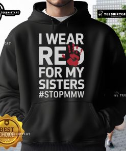 Red hoodie honoring Missing and Murdered Indigenous Women, symbolizing solidarity and remembrance for sisters.