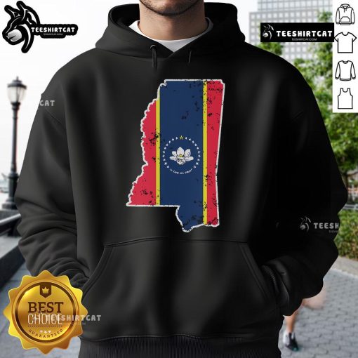 Weathered design hoodie featuring the Nice Mississippi New State Flag for stylish Southerners.
