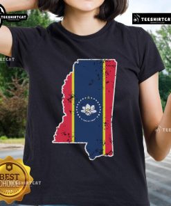 Weathered design of the Nice Mississippi new state flag on a Southern ladies tee, perfect for proud Mississippians.