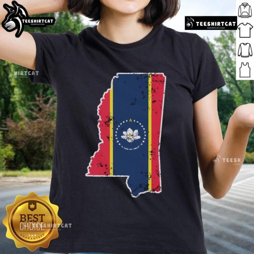 Weathered design of the Nice Mississippi new state flag on a Southern ladies tee, perfect for proud Mississippians.