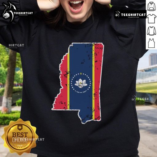 Alt Text: Weathered design sweatshirt featuring the new Mississippi state flag, perfect for proud Southerners.