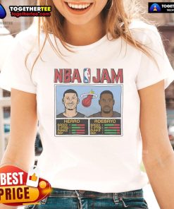 Nice NBA Jam Heat Hero and Adebayo Ladies Tee featuring vibrant graphics of Miami Heat stars for stylish fans.