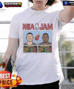 Alt Text: Nice NBA Jam Heat T-Shirt featuring Tyler Herro and Bam Adebayo graphic design, perfect for Miami Heat fans.