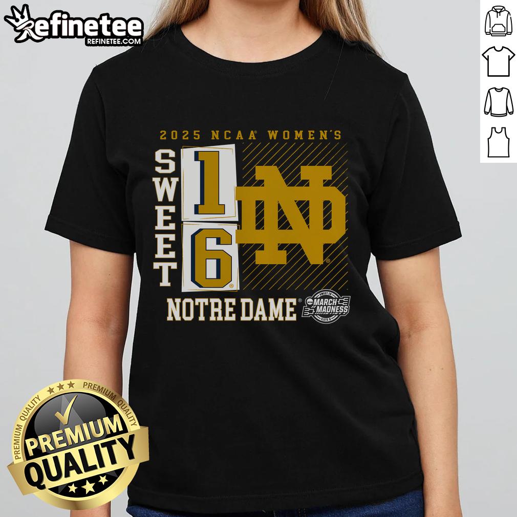 Nice Notre Dame Fighting Irish 2025 NCAA Women's Basketball Tournament March Madness Sweet 16 No Look Pass Ladies-Tee Notre Dame Fighting Irish women's basketball March Madness 2025 Sweet 16 tee featuring a no-look pass design.