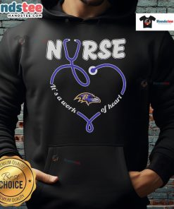 Baltimore Ravens hoodie featuring 'Nice Nurse, It's A Work Of Heart' design, perfect for sports fans and nurses.