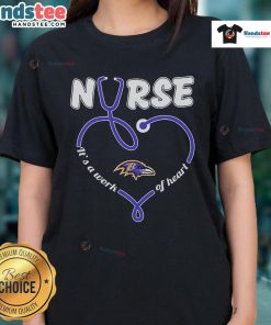 Baltimore Ravens ladies tee featuring 'Nice Nurse It's A Work Of Heart' design, perfect for fans and healthcare workers.