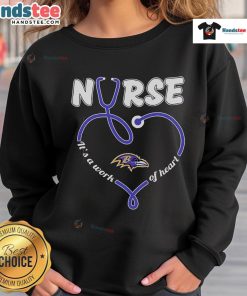 Cozy Nice Nurse It's A Work Of Heart Baltimore Ravens sweatshirt featuring team colors and logo, perfect for fans.