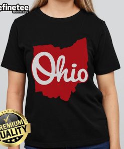 Alt Text: I Love My Ohio Ladies Tee featuring a colorful map of Nice, Ohio, perfect for proud Ohio residents and tourists.