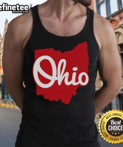 Woman wearing 'I Love My Ohio' tank top with a detailed map of Nice, Ohio in the background.