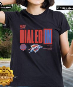 2025 Oklahoma City Thunder Northwest Division Champions ladies tee featuring team logo and vibrant design.