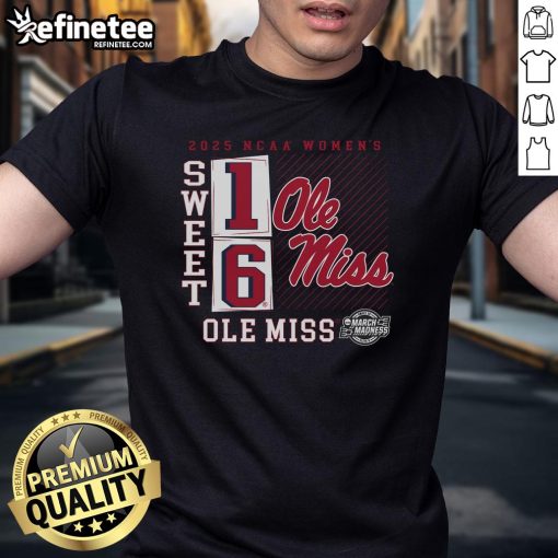 Ole Miss Rebels 2025 NCAA Women's Basketball Tournament Sweet 16 T-Shirt featuring a no-look pass graphic design.