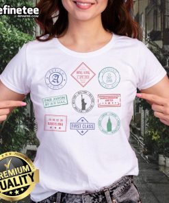 Nice Passport Stamps Travel Ladies Tee featuring colorful travel-themed graphics and stylish design for travel enthusiasts.