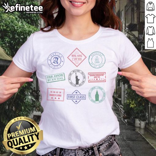 Nice Passport Stamps Travel Ladies Tee featuring colorful travel-themed graphics and stylish design for travel enthusiasts.