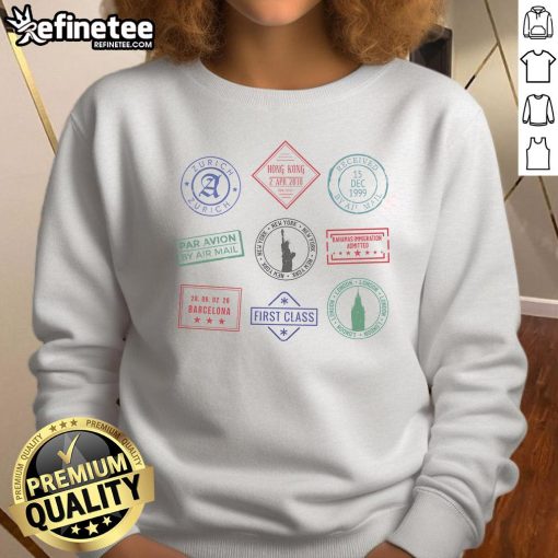 Cozy sweatshirt featuring vibrant passport stamps, perfect for travel enthusiasts and those who love adventure.