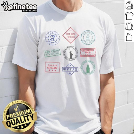 Nice Passport Stamps Travel T-Shirt featuring colorful passport stamp designs for travel enthusiasts.