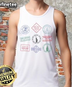 Stylish travel tank top featuring vibrant passport stamps, perfect for wanderlust enthusiasts and summer adventures.
