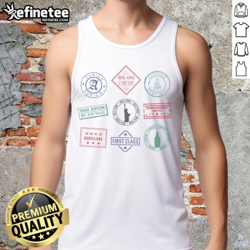 Stylish travel tank top featuring vibrant passport stamps, perfect for wanderlust enthusiasts and summer adventures.