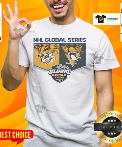 Alt Text: Pittsburgh Penguins vs Nashville Predators 2025 Global Series T-shirt showcasing fan spirit and team colors.