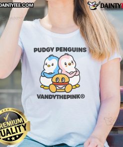 Cute pudgy penguin graphic on Vandy The Pink Ladies tee, perfect for casual wear and penguin lovers.