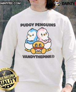Cute pudgy penguin wearing a pink sweatshirt, showcasing the cozy 'Vandy The Pink' design for stylish winter wear.