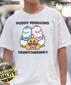 Alt Text: Cute pudgy penguin graphic on a Vandy The Pink t-shirt, perfect for penguin lovers and stylish casual wear.