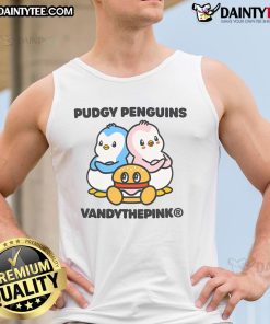 Alt Text: Cute pudgy penguin wearing a pink tank top, showcasing Vandy the Pink's playful and stylish design.
