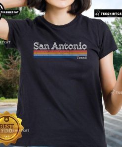 Retro 80s style San Antonio Texas logo on a ladies tee, showcasing vibrant colors and vintage design.